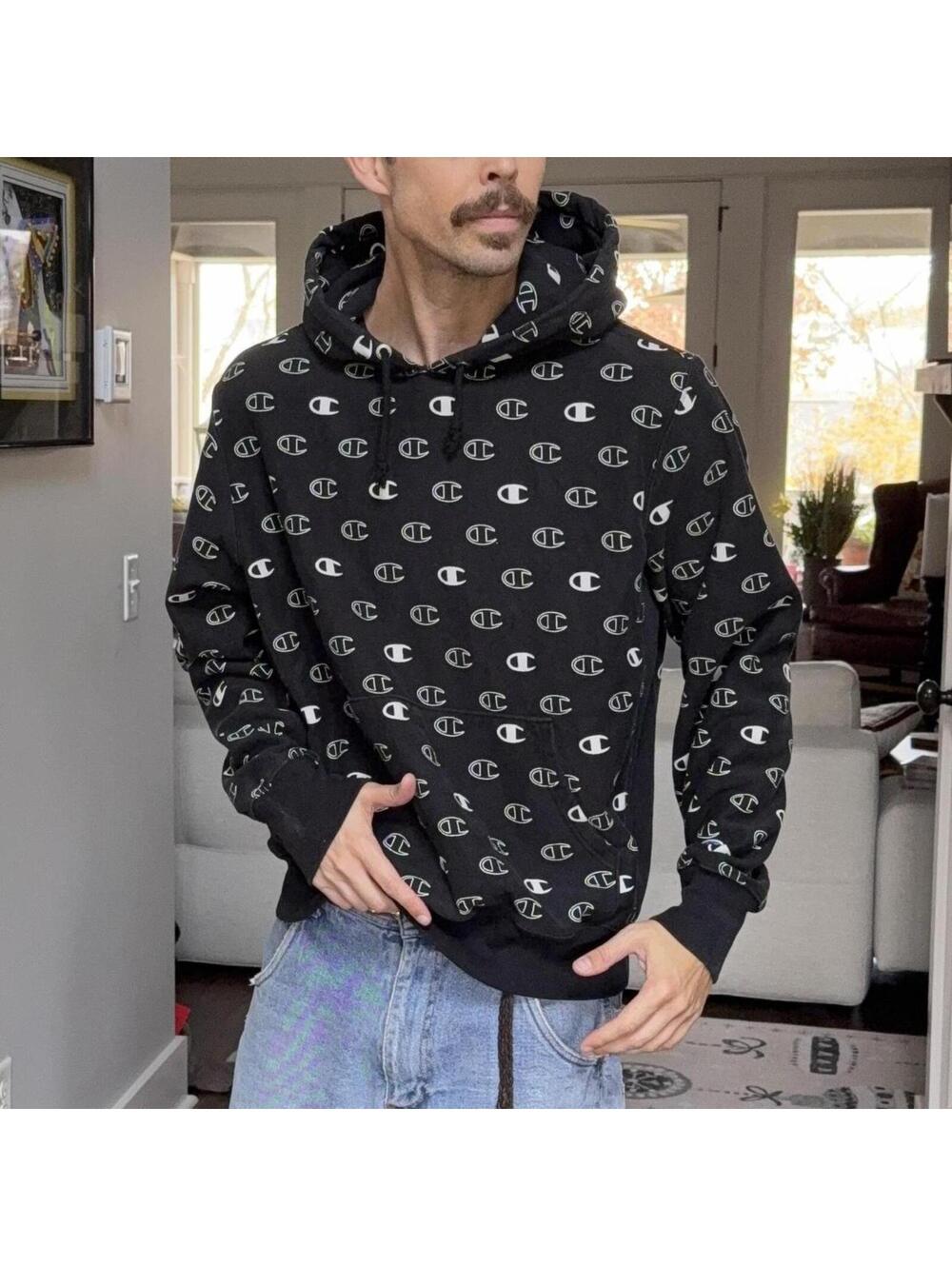 🖤 Champion Reverse Weave All-Over Logo Hoodie — L